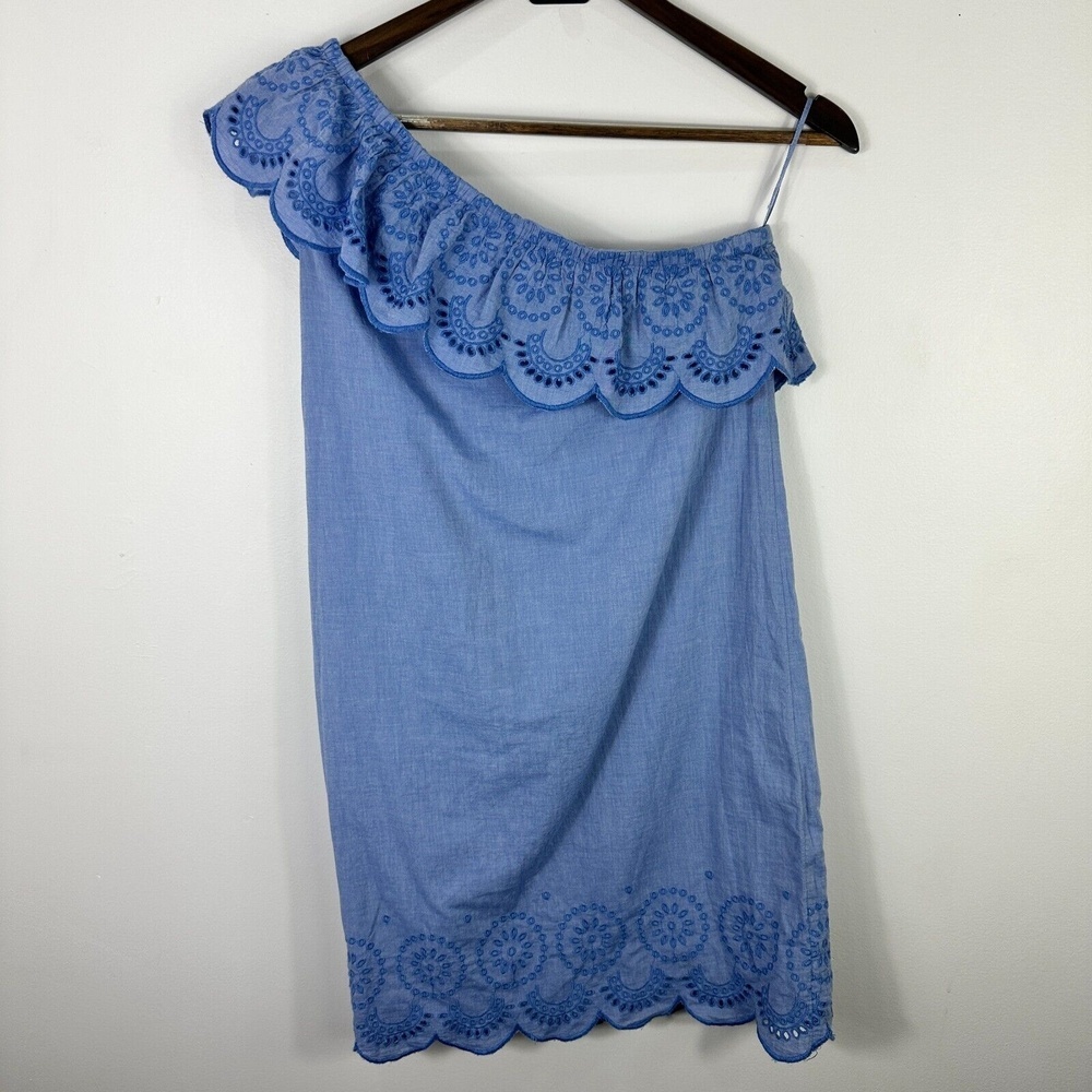 Vineyard Vines One Shoulder Dress Womens XXS Blue‎ Eyelet Chambray Ruffle Mini